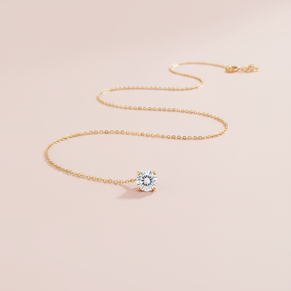 The Evie gold solitaire necklace with a cubic zirconia pendant on a soft blush pink background